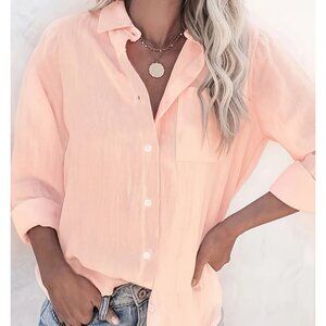 New Womens Pink Classic Fit Long Sleeve Button-Up Shirt XL